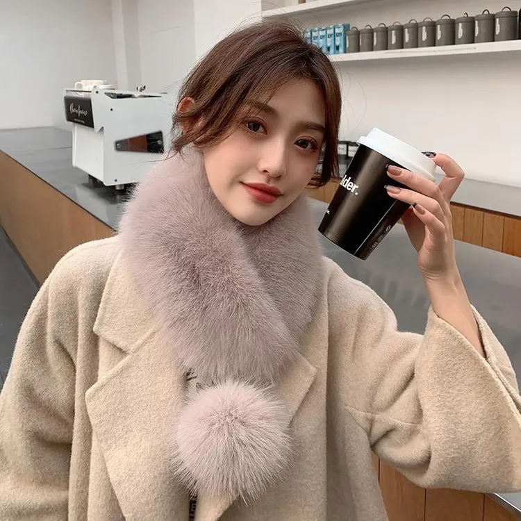 韩版仿狐狸毛围巾女秋冬百搭短款毛领子皮草大丝带球毛毛围脖气质