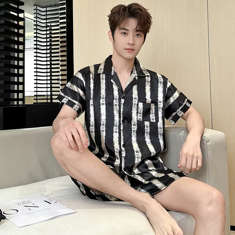 睡衣男士夏季夏天休闲短袖短裤大码家居服夏款男款仿真丝薄款套装