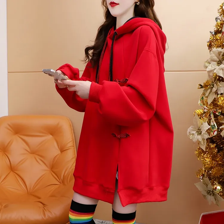 加绒加厚新中式盘扣连帽卫衣女2025年秋冬新款宽松中长款百搭外套