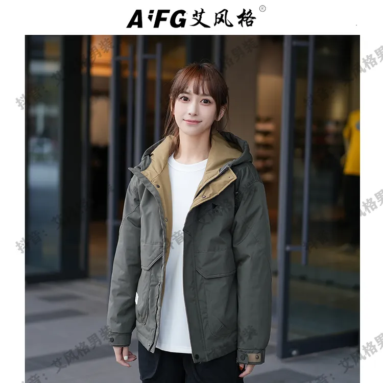 男士连帽宽松防风保暖户外秋冬夹克外套加厚款休闲时尚中长款冬季