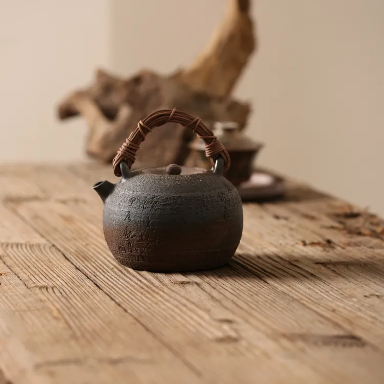 【藤编提梁】全手柴烧紫金陶潮州砂铫壶煮水藤编提梁壶功夫茶800c