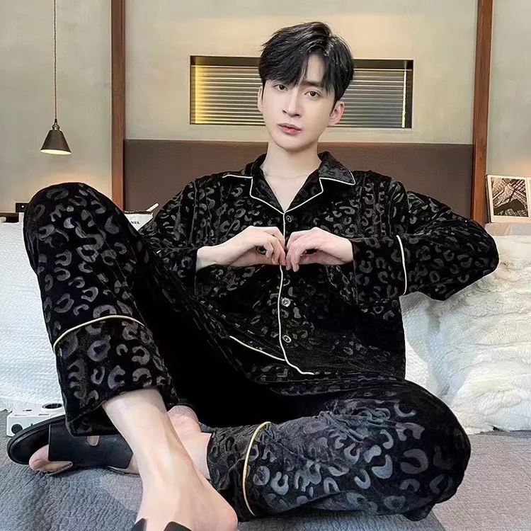 2025年春秋冬新款男士大码翻领轻奢金丝绒保暖时尚睡衣家居服套装