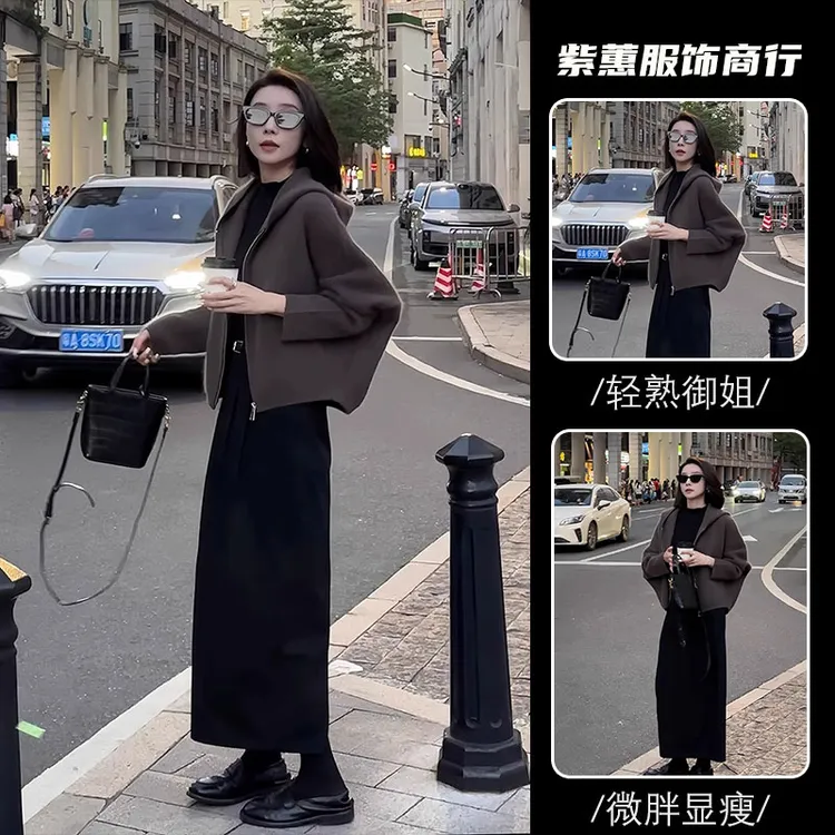 网红爆款时尚两件套裙女2025早秋新款复古毛呢连帽外套+半身长裙