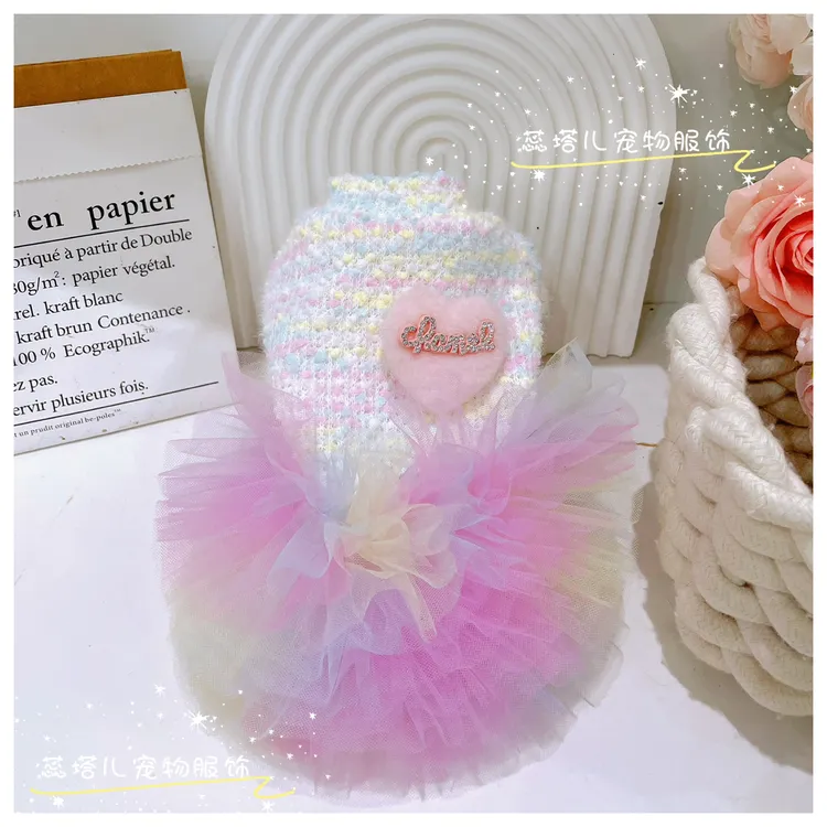 蕊塔儿原创狗狗彩虹秋冬连衣裙有袖奶油tutu裙小体狗狗蓬蓬裙保暖