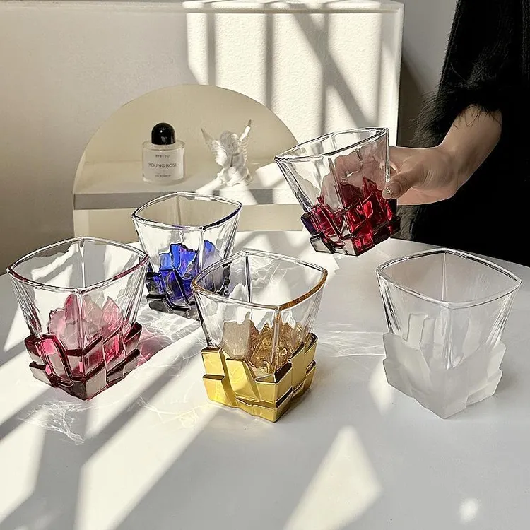 太空金复古冰块杯艺术感酒杯创意轻奢玻璃杯高级感水杯子威士忌杯