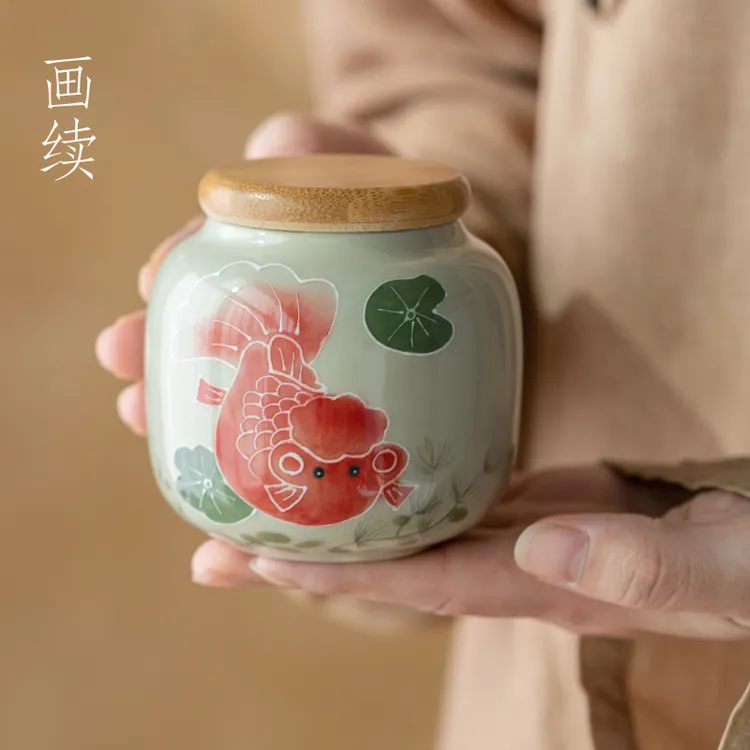画续草木灰手绘年年有余茶叶罐密封罐陶瓷存茶罐中式复古防潮小号