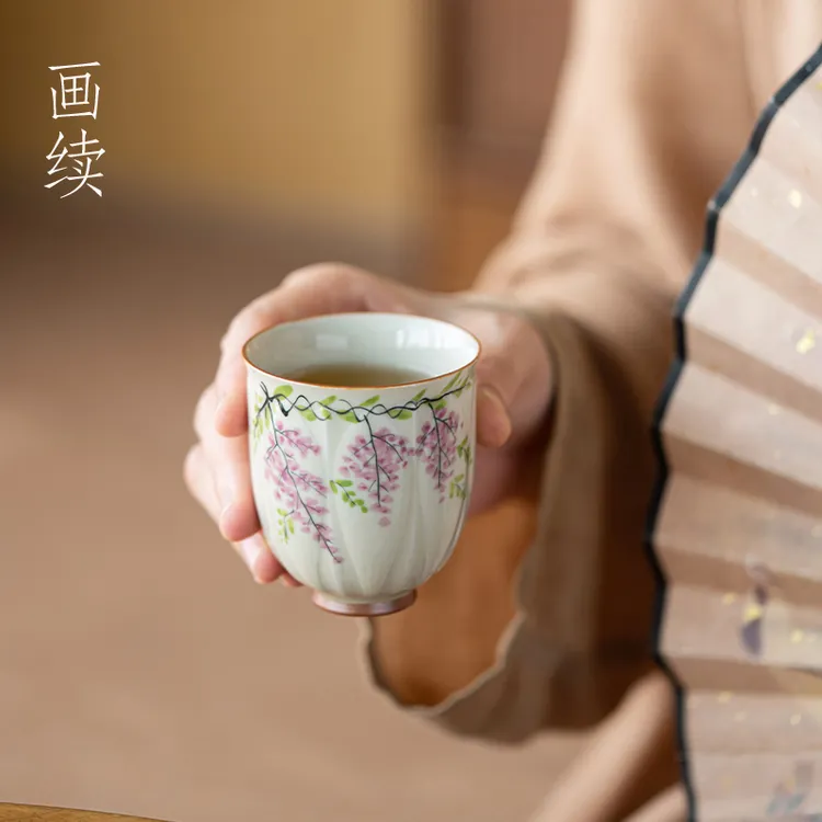 画续草木灰浮雕手绘紫藤花主人杯单女杯功夫茶杯单个陶瓷品茗杯
