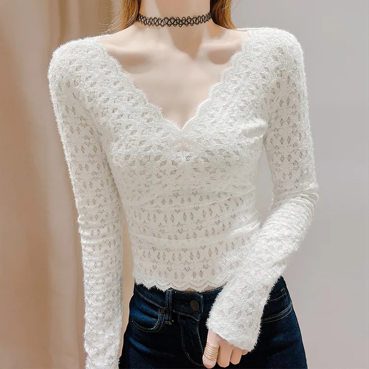 低领蕾丝打底衫女2023新款时尚修身内搭磨毛洋气小衫白色v领上衣