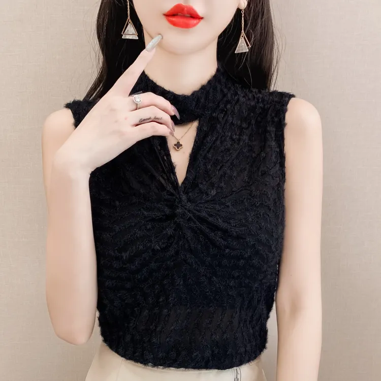 蕾丝吊带背心女春秋新款镂空植绒修身内搭无袖打底衫百搭性感上衣