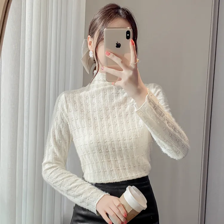 叠穿内搭T恤小香风蕾丝木耳边半高领打底衫女2023年秋冬复古绒面