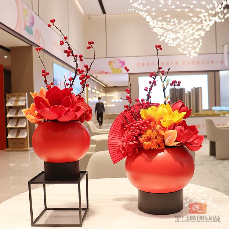 福桶抱桶开业酒店大堂客厅发财果前台过年桌花新年仿真花装饰摆件
