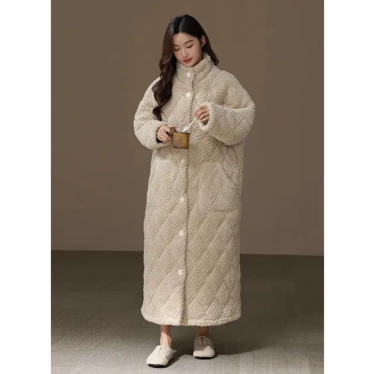 维多利亚超厚款女士珊瑚绒开衫睡袍春秋三层夹棉保暖睡衣高领棉袄