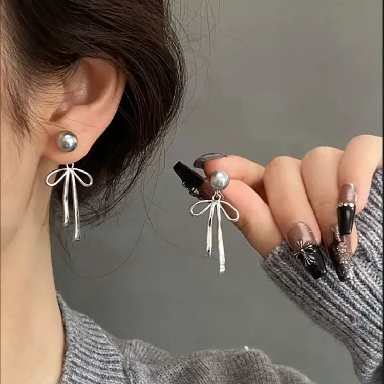 合金仿珍珠耳饰 百搭蝴蝶结灰色耳钉法式流苏耳环耳坠气质耳饰女