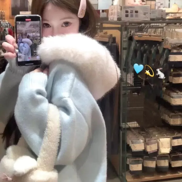 韩系大毛领连帽拉链慵懒千金风毛衣开衫外套秋冬高级感针织衫上衣