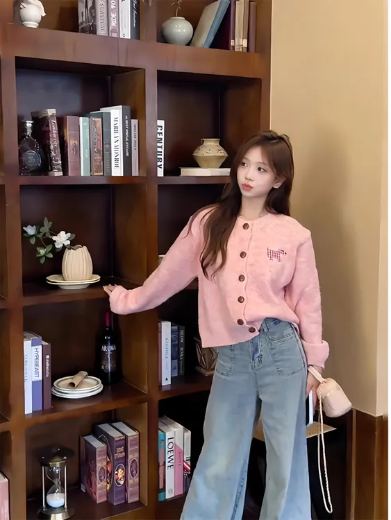 韩系小狗贴布糖果色甜美针织开衫毛衣2024秋冬季新款慵懒风外套女