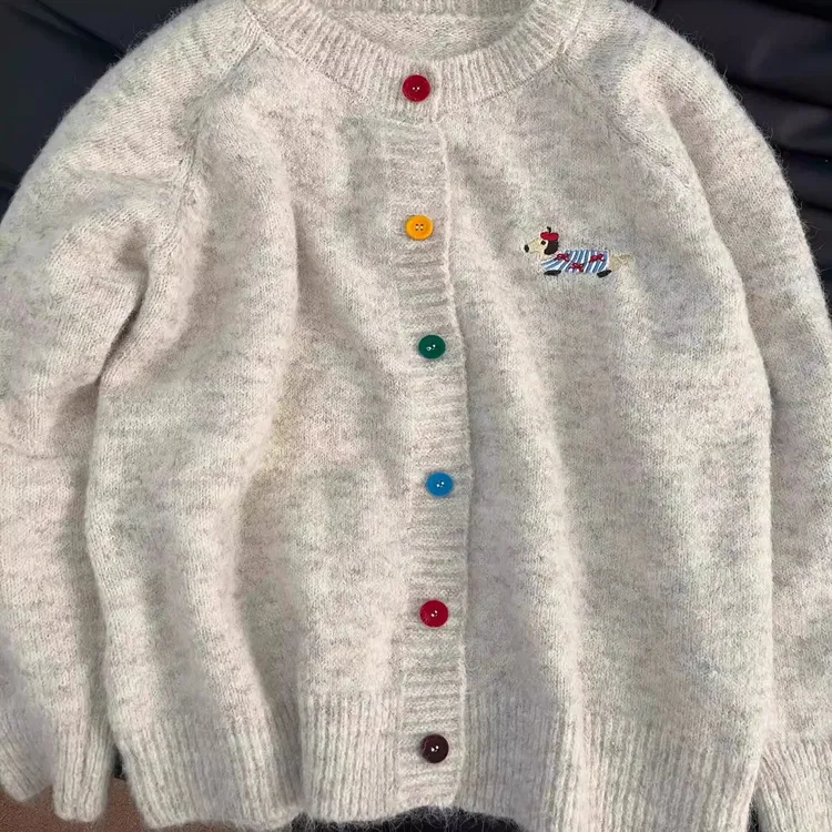 秋冬糖果色扣子毛衣开衫女小狗刺绣软糯外套甜美百搭宽松复古上衣