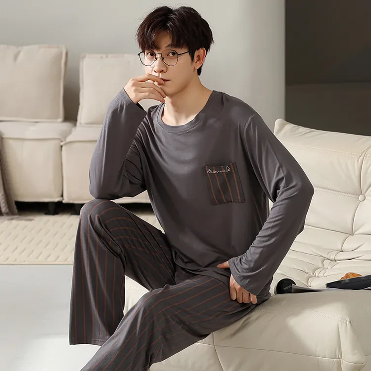 金芝斓加肥加大码睡衣套装男士春秋季薄款【莫代尔】长袖宽松家居服