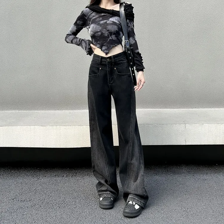 高街秋冬美拉德风黑灰显瘦阔腿裤2025设计感高腰复古宽松阔腿裤