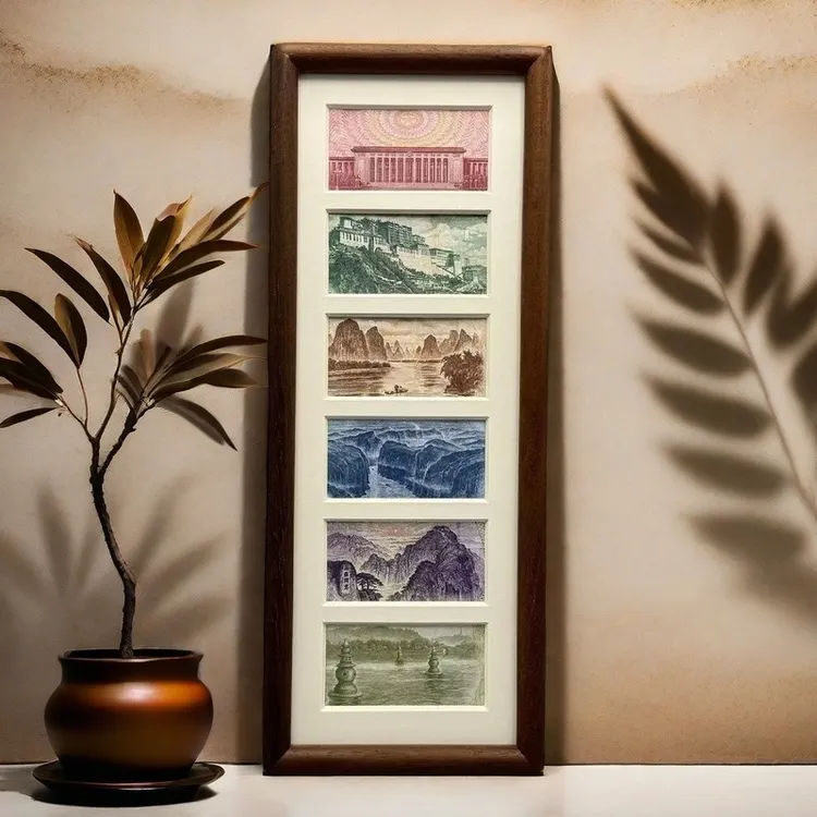 人民币收藏框框摆台六连框木制榫卯字画相框人民币装饰画钱币展示