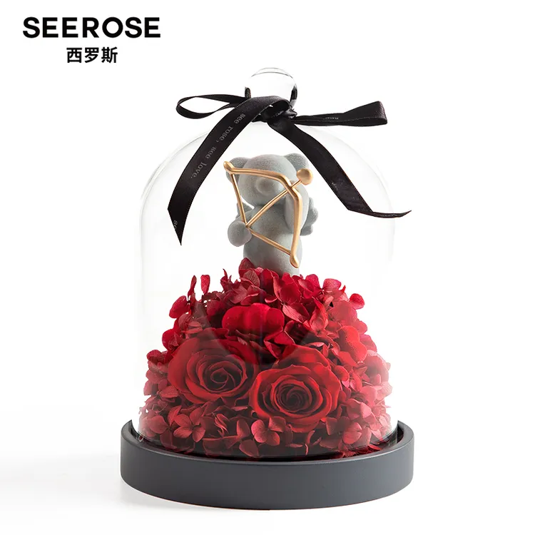 SEEROSE/西罗斯永生花丘比特玫瑰熊礼盒中秋情人节送女生朋友礼物
