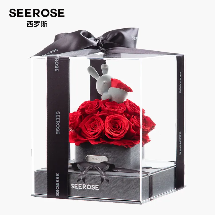 SEEROSE/西罗斯抱抱桶熊兔永生花19朵保鲜玫瑰情人送女生朋友礼物