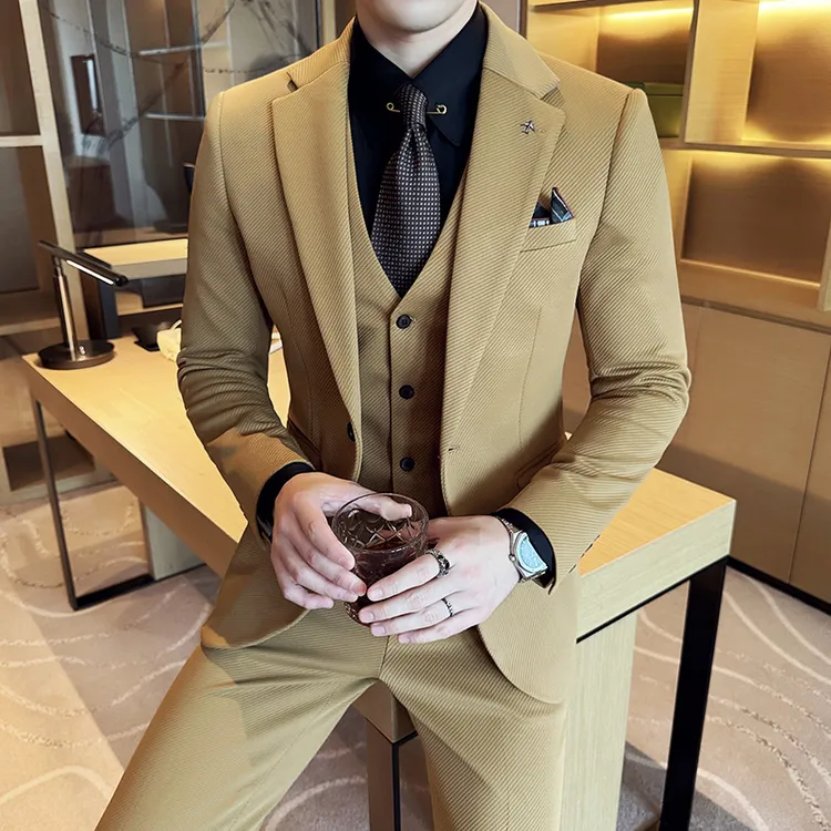 针织斜纹西装男套装高级感商务休闲英伦风修身结婚西服三件套2407