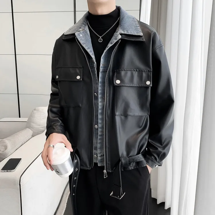 牛仔拼接假两件皮衣外套男秋冬季新款美式复古潮牌工装机车皮夹克