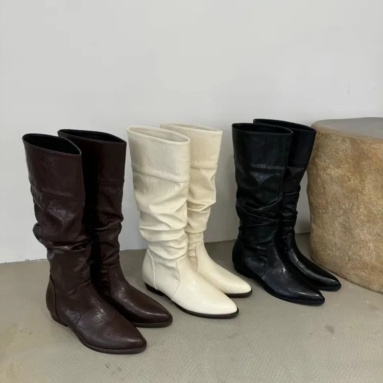 2025新款白色褶皱堆堆靴不过膝靴子高筒骑士靴尖头内增高长筒靴女