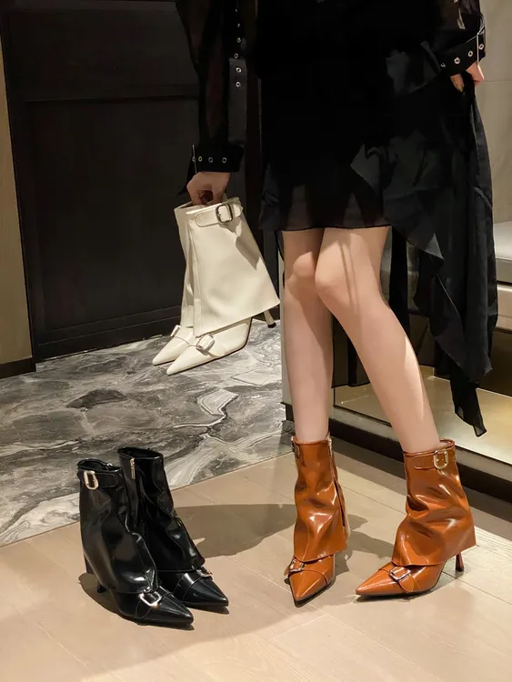 尖头皮带扣短筒靴细跟裤管靴女2025秋冬新款欧美风高跟侧拉链短靴