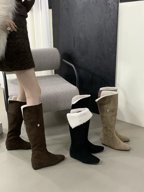 内增高棕色加绒加厚瘦瘦中长靴女鞋2025新款秋冬季法式长筒骑士靴