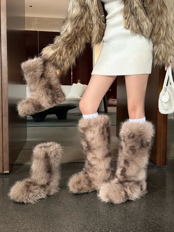 毛毛保暖靴女2025秋冬欧美新款百搭高筒网红潮流ins毛毛雪地靴女~