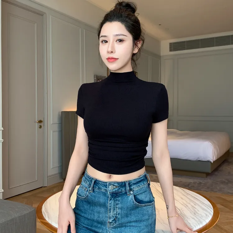 螺纹半高领短袖t恤女2025年新款夏季洋气网红爆款炸街百搭女上衣
