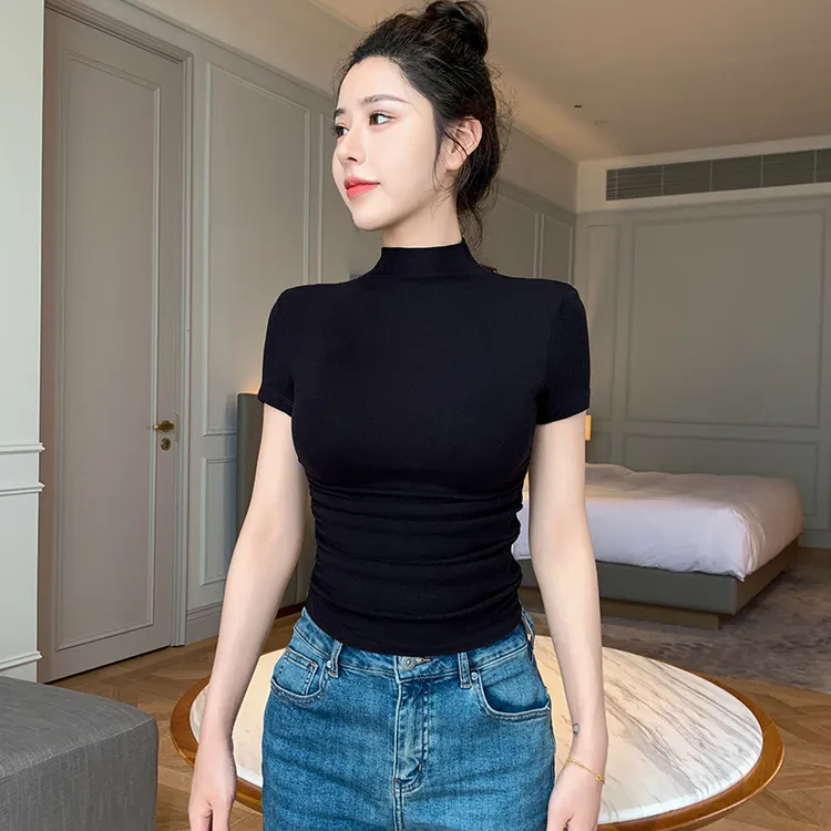 螺纹半高领短袖t恤女遮肚脐短款2024年爆款夏季修身露脐褶皱上衣,