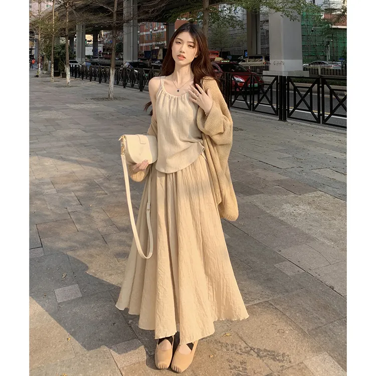 女装温柔风秋季新款针织开衫毛衣韩版时尚吊带背心显瘦半身裙