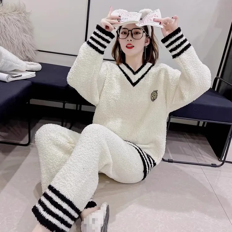 半边绒睡衣女秋冬季针织绒毛衣加厚软绵绵珊瑚绒学院风家居服套装