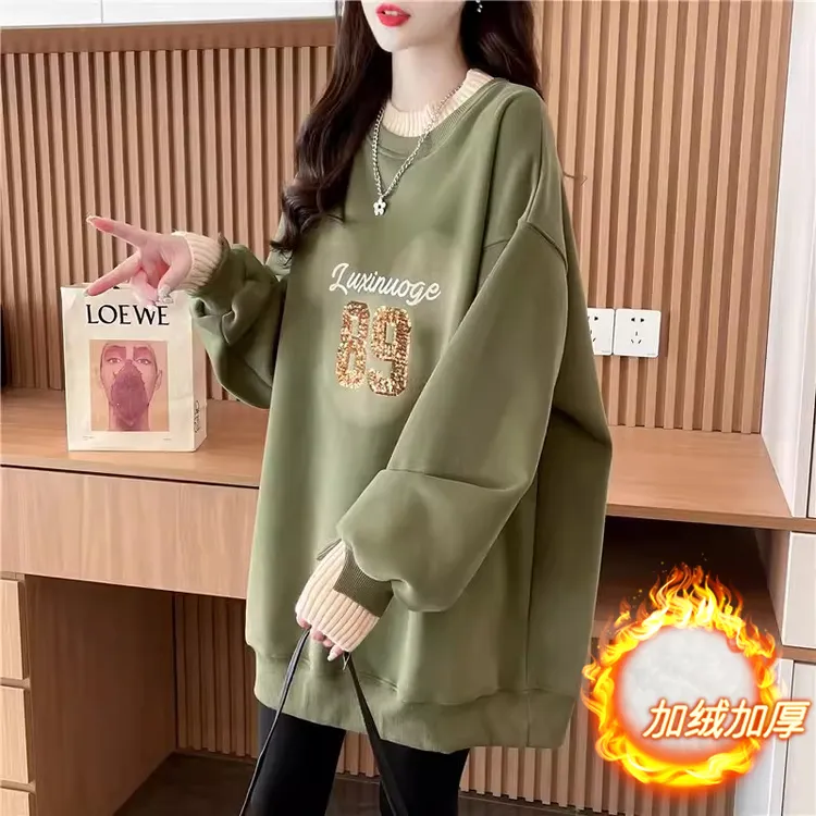 孕妇装冬季新款韩版纯棉时尚加绒拼接假两件中长款卫衣洋气不显怀