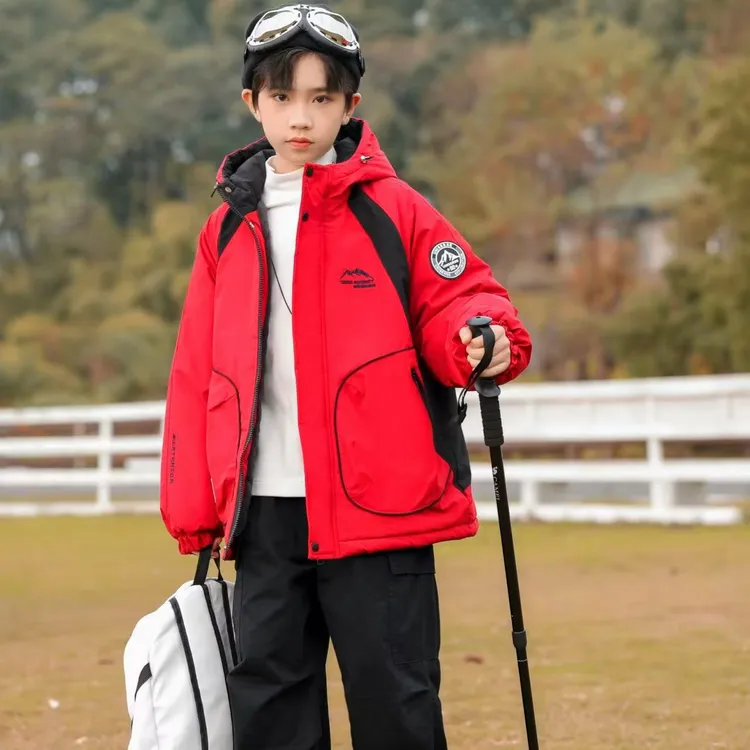 2026男孩保暖派克服年服款红色精品童装儿童棉服男孩大童加绒加厚