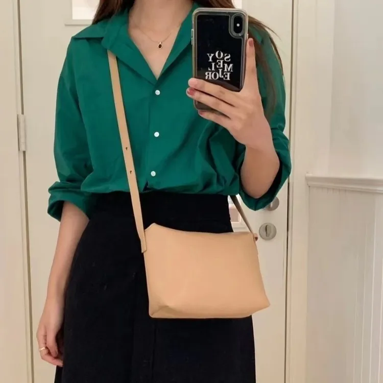 韩式小众设计牛皮简约纯色翻盖单肩腋下小方包时尚百搭