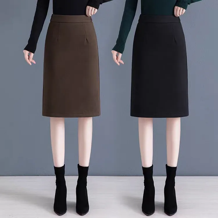毛呢半身裙秋冬高腰新款中长款气质显瘦开叉一步裙子松紧腰半身裙