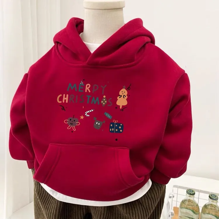 男女童加绒卫衣冬装2023新款儿童秋冬季红色圣诞款男孩加厚拜年服