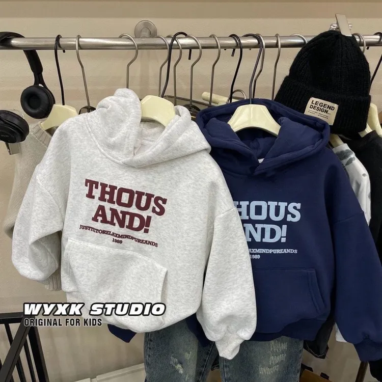 新款加绒字母印花连帽卫衣一体绒奥利绒2025冬季新款儿童洋气上衣