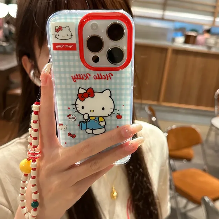 雅天立ins格纹KT猫挂链适用苹果15promax手机壳iPhone16/14可爱