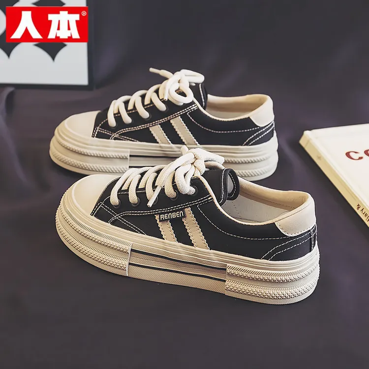 人本帆布鞋女2025新款秋季爆款厚底增高鞋子百搭女款透气大头女鞋