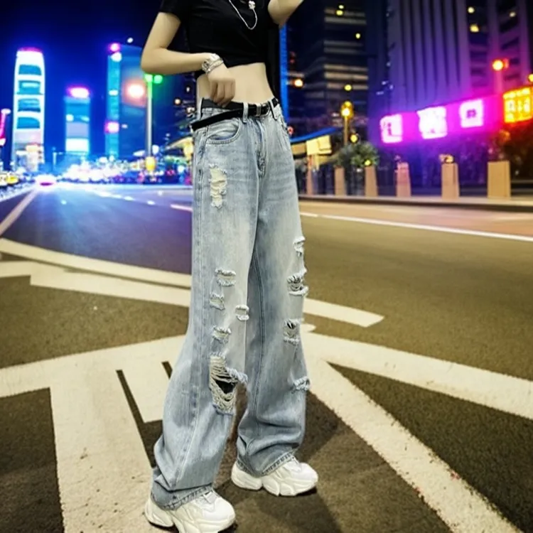 美式复古高街破洞水洗牛仔裤女2025春夏新款ins宽松阔腿拖地长裤