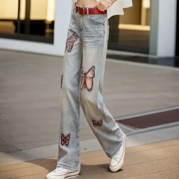 2025春季新款不掉色做旧蝴蝶刺绣烫钻破洞阔腿牛仔裤女高腰拖地裤