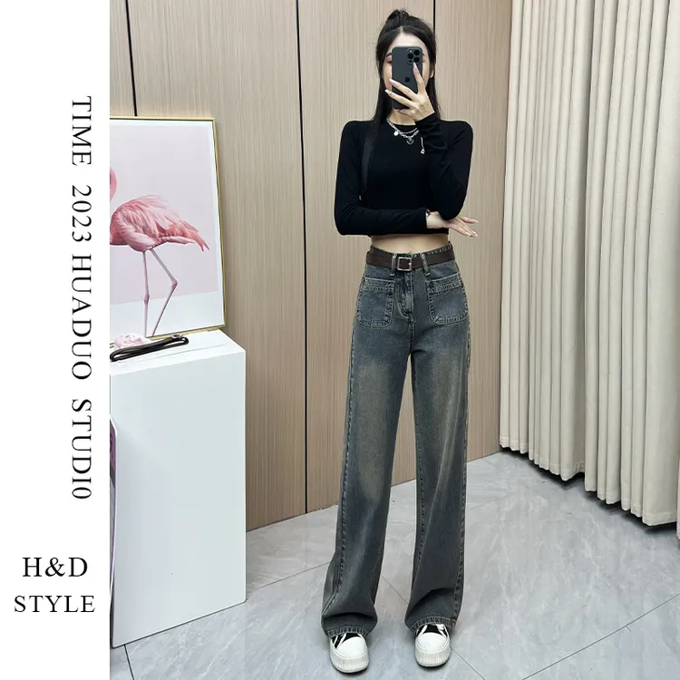 秋冬直筒牛仔裤女2025年新款加绒复古显瘦宽松高腰阔腿爆款裤子女