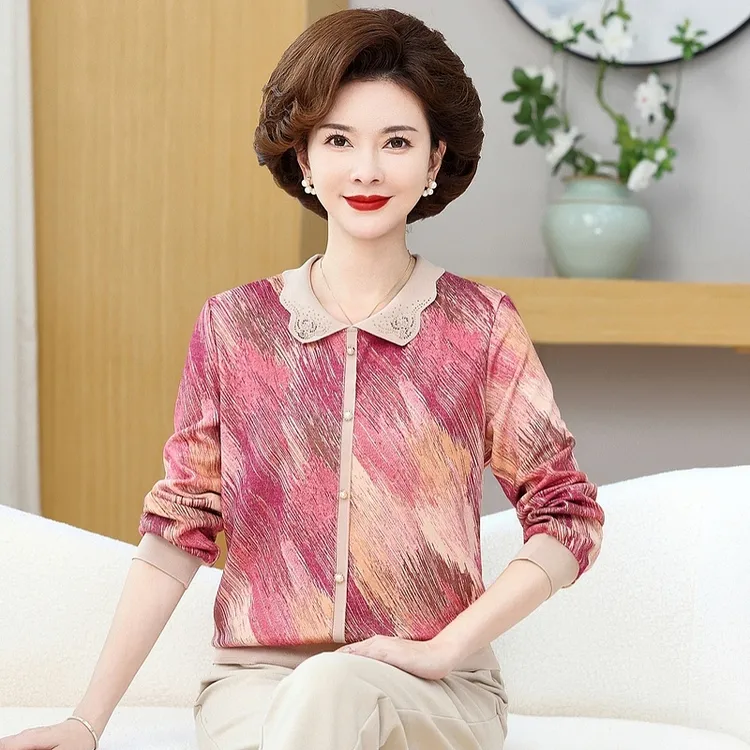 2024新款妈妈长袖T恤薄款洋气中老年女装翻领打底小衫秋季上衣