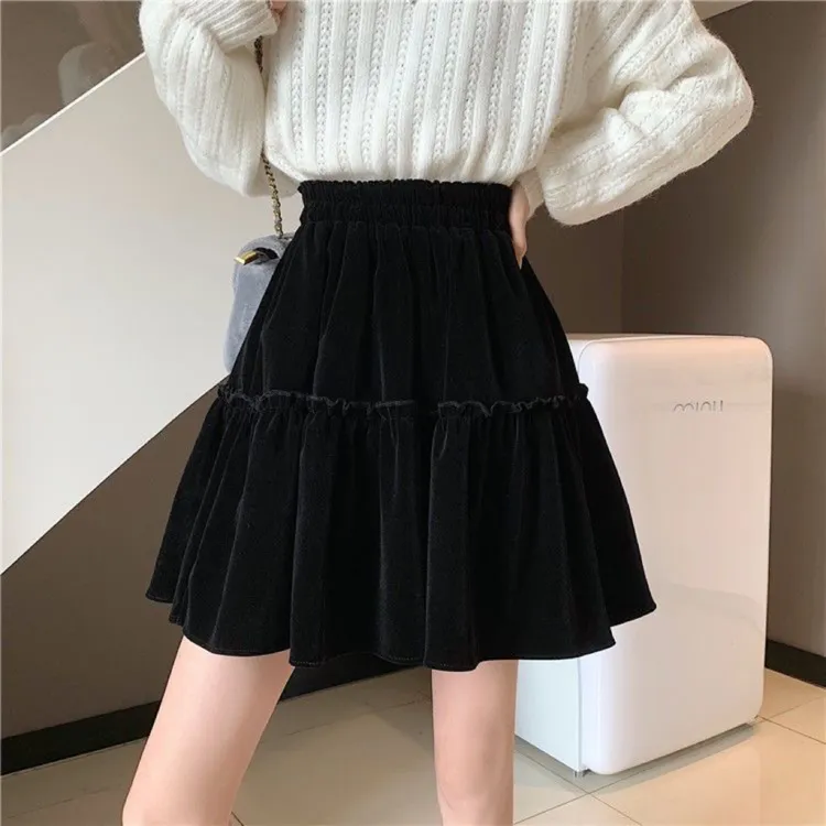 韩版春夏秋木耳边金丝绒蓬蓬裙高腰显瘦半身裙a字超短裙女款爆款