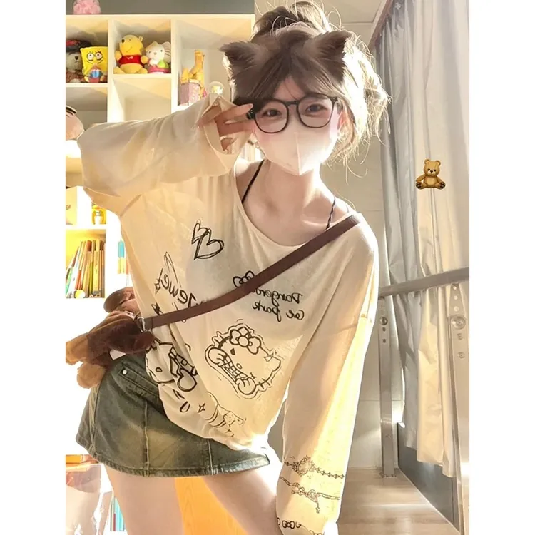 印花长袖T恤宽松防晒罩衫速干上衣猫ins学院女夏季薄款慵懒可爱风