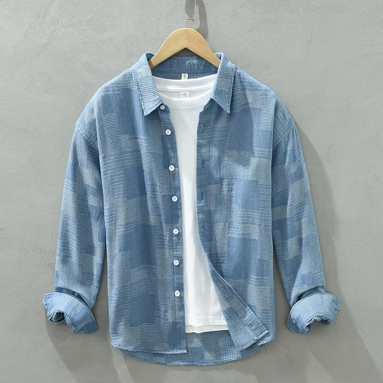 春秋季男士工装牛仔衬衫夹克日系休闲潮流格子衬衣外套上衣服
